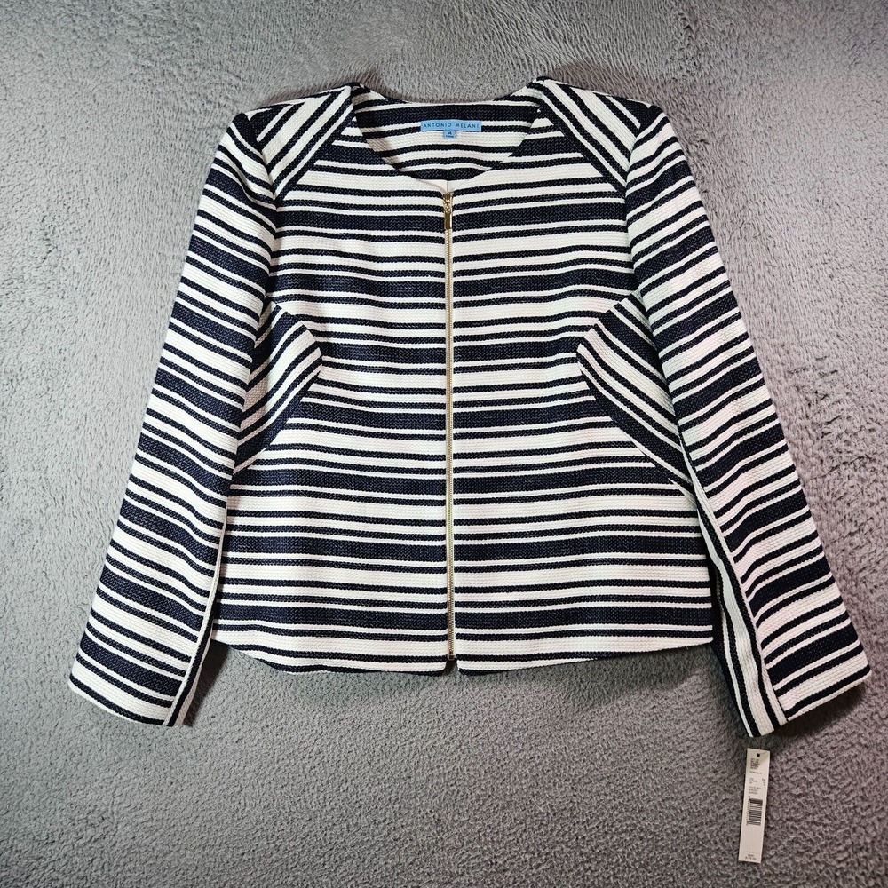 $179 NWT Antonio Melani Blazer Jacket Size 14 Tweed Navy Blue White Full Zip